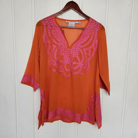Gretchen Scott XS Orange Pink Sheer Oversized Embroidered BohoTunic Top - Picture 2 of 14